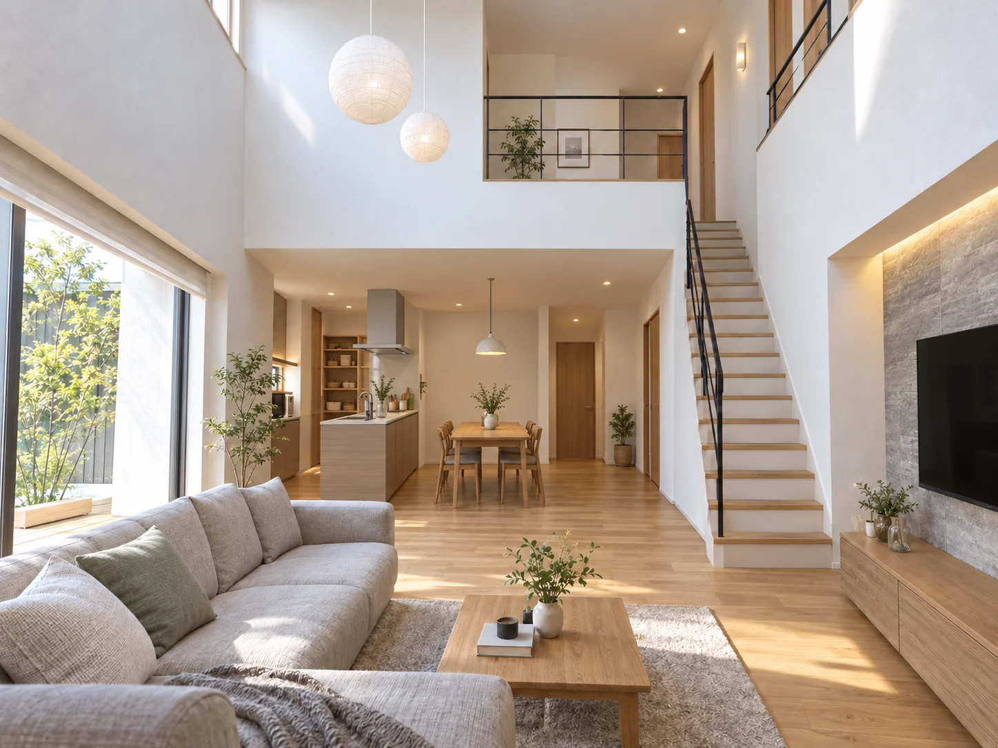 TERRACE のリビング ── 2階まで抜ける吹き抜けと、大きな窓の光が届くキッチン・ダイニング｜秀光ビルド徳島店・藍住営業所