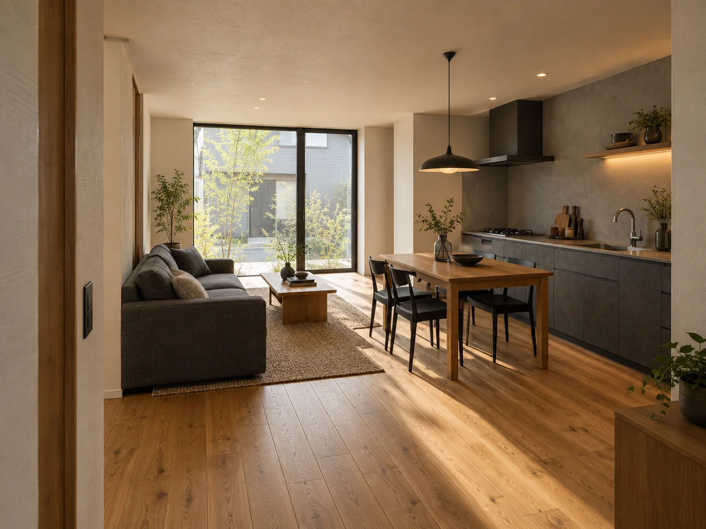 ATELIER のLDK ── 大きな窓の外の木と、ダイニングの床まで伸びる光｜秀光ビルド徳島店・藍住営業所